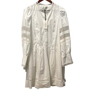 SEA NEW‎ YORK White Cotton Lace Trim Puff Sleeve Button Front Dress Size 8